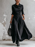 Elegant Black High Neck Button Front Maxi Dress with Pockets - Relaxed Long Sleeve A-Line Dress