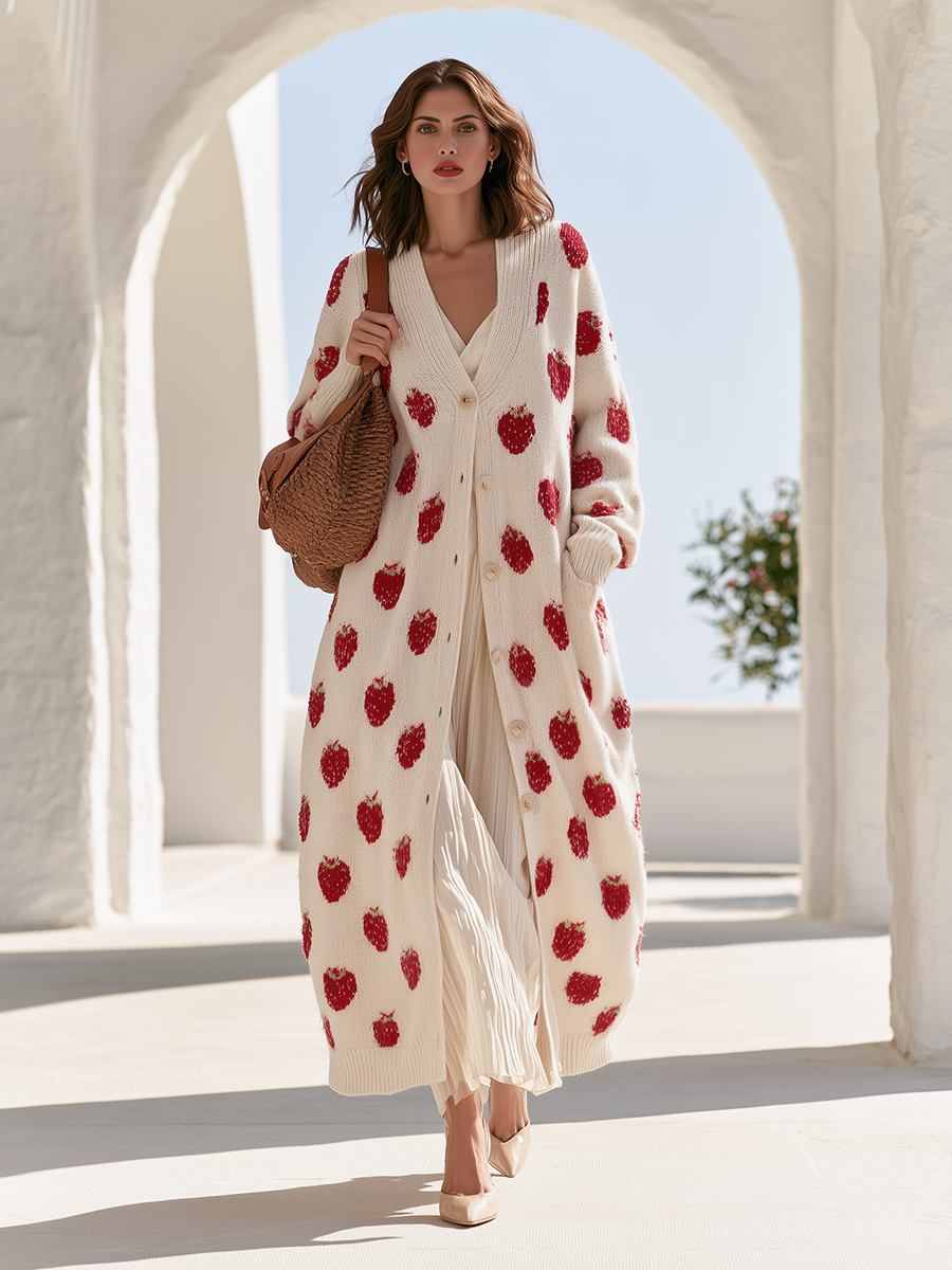 Retro-chic Raspberry-pattern Long Knit Cardigan