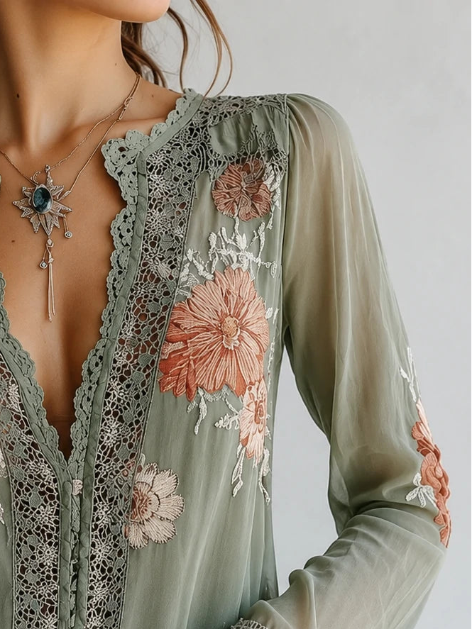 Bohemian Floral Printed Lace Blouse