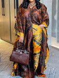 Buttoned Printed Half Sleeves Loose V-Neck Maxi Dresses