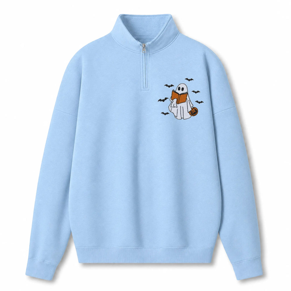 Chaotic Club Embroided Reading Ghost Pumpkin Pastel Pink Quarter Zip Sweatshirt