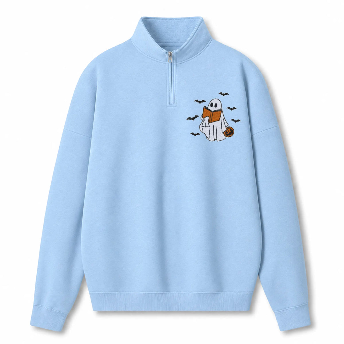 Chaotic Club Embroided Reading Ghost Pumpkin Pastel Pink Quarter Zip Sweatshirt