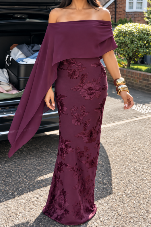 burgundy-brocade-midi-dress-off-shoulder-cape-sleeve-formal-dress