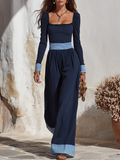Vacation-style Square-neck Long-sleeve Jumpsuit