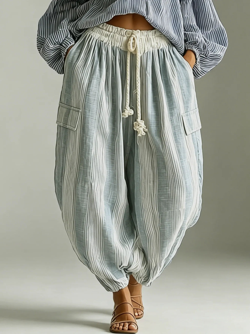 Bohemian Striped Lantern-Sleeve Top and Lantern Pants Two-Piece Set