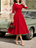 1950s Retro Red 3/4 Sleeve Fit-and-Flare Midi Dress
