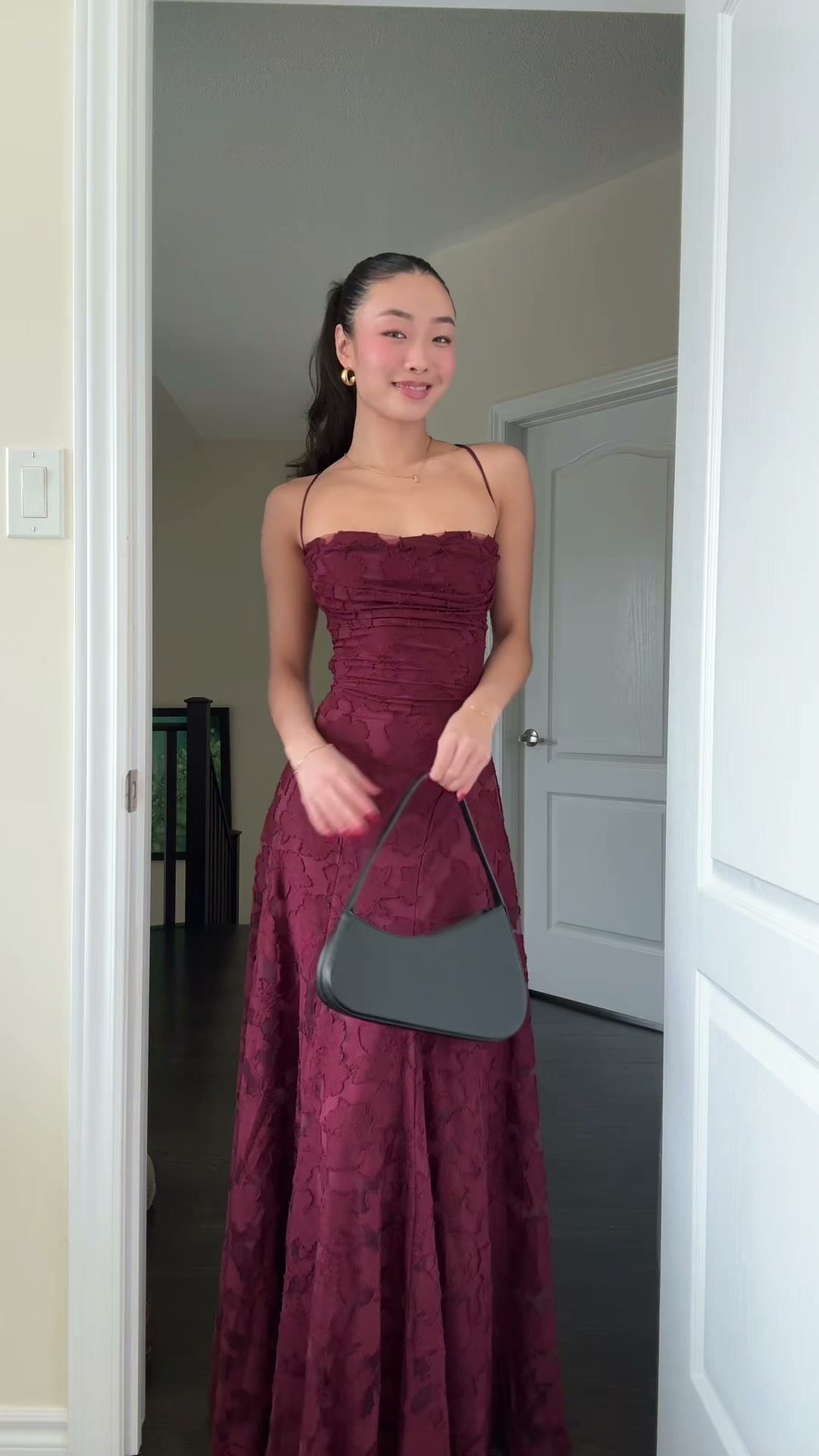 burgundy-jacquard-lace-up-gown-strapless-fit-and-flare-maxi-dress