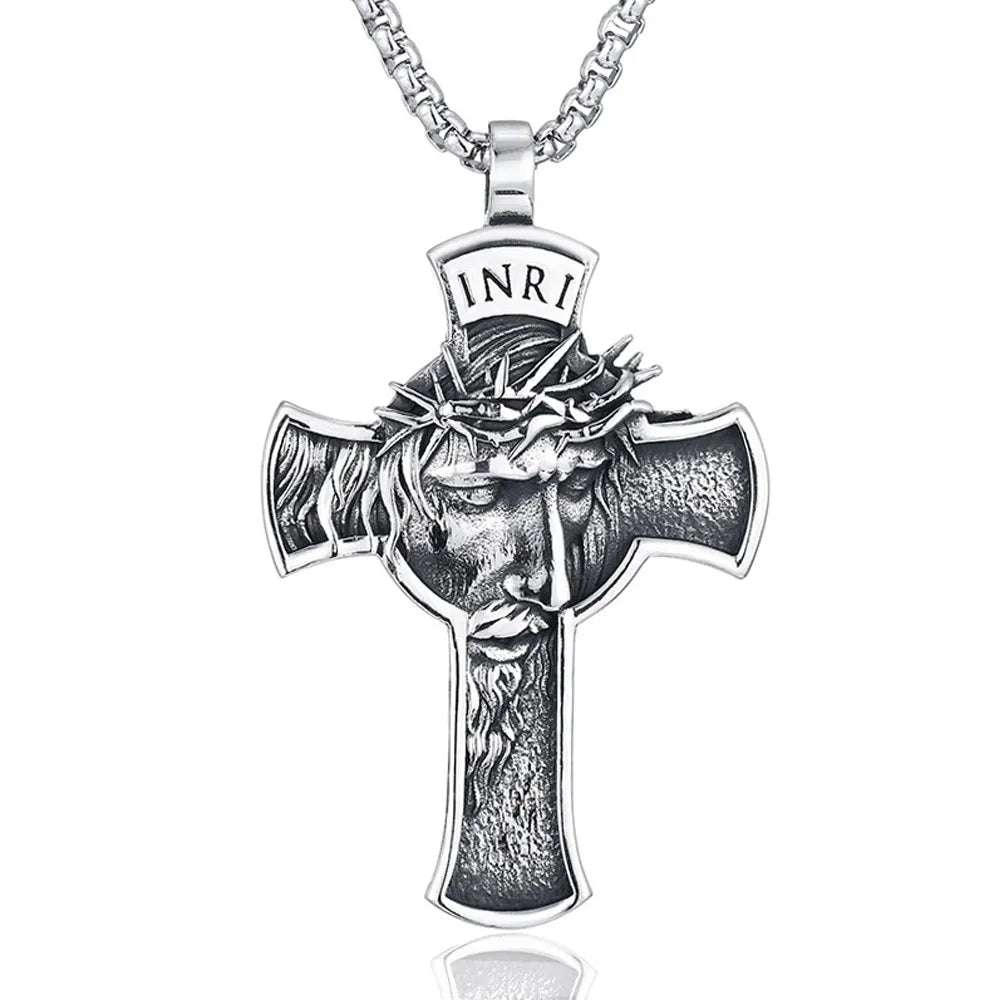Stainless steel portrait cross necklace hanging
