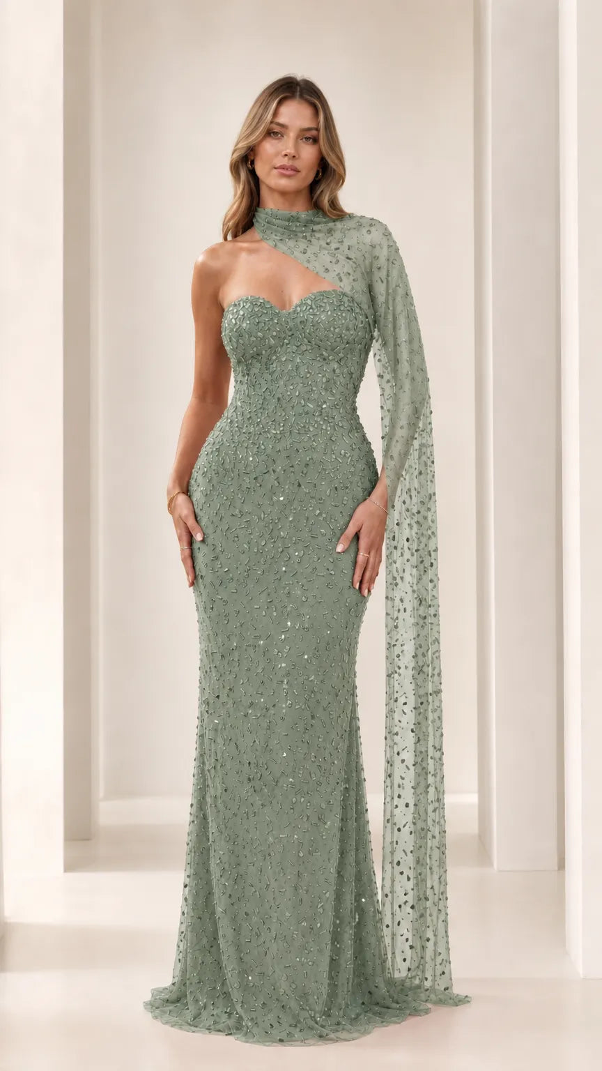 Sequined Beaded Sweetheart Evening Gown with Asymmetric Cape Drape