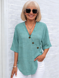 Top V-neck Solid Color Shirt Cotton and Linen