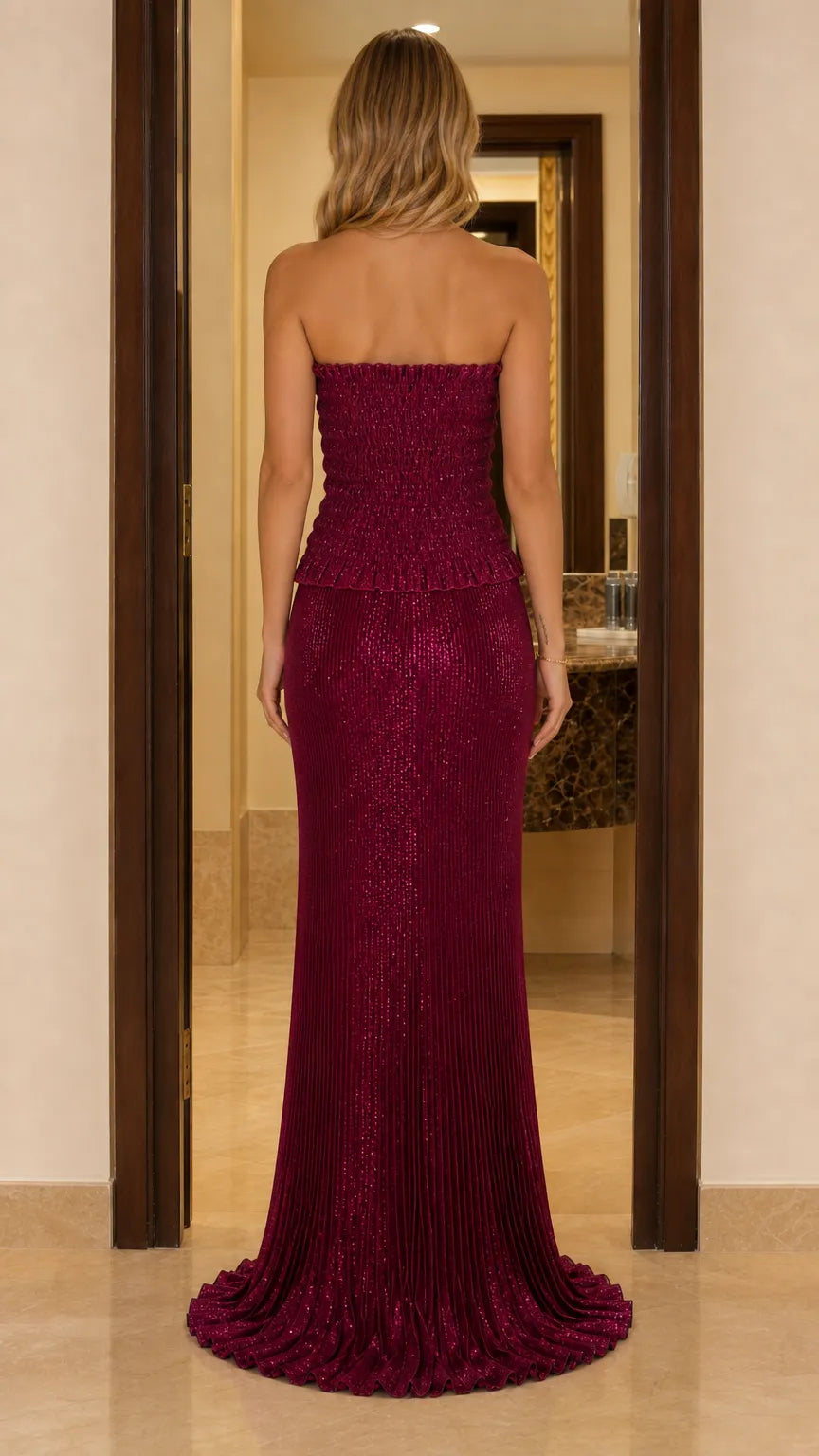 Strapless Ruched Stretch Maxi Dress with Flared Train