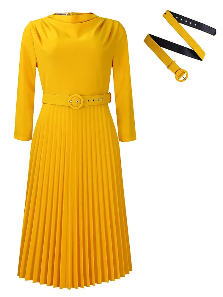 Elegant Solid Color Pleated Dress with Belt