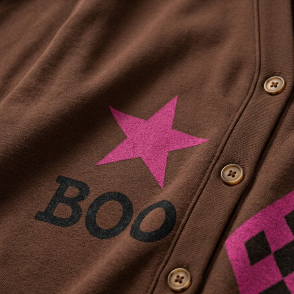 Chaotic Club Cute Brown Pink Ghost Star Checkered Cardigan