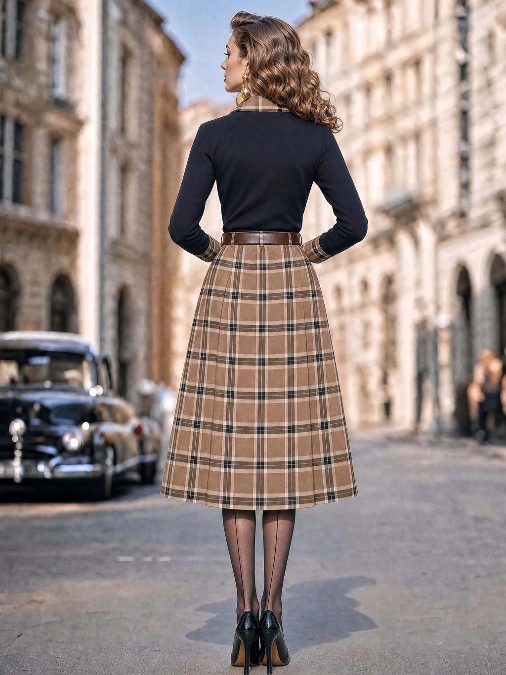 Vintage Plaid Midi Button Skirt