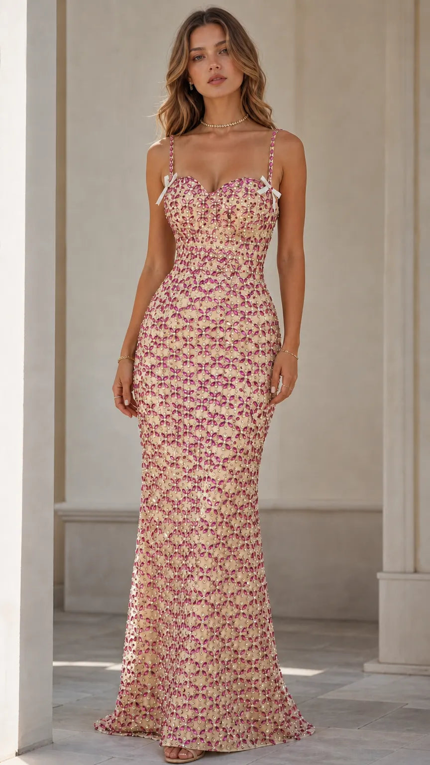 Sparkling Rhinestone Sweetheart Maxi Evening Gown with Bow Accents