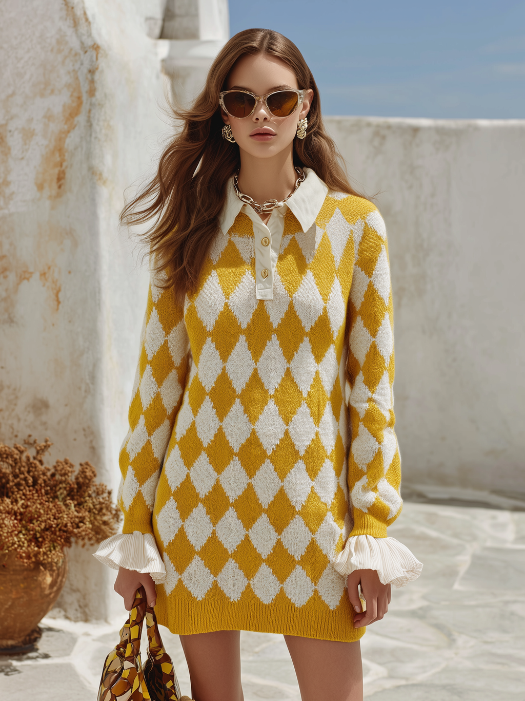 Old Money Preppy Vibe Mustard Yellow White Argyle Faux Two Piece Knit Mini Dress