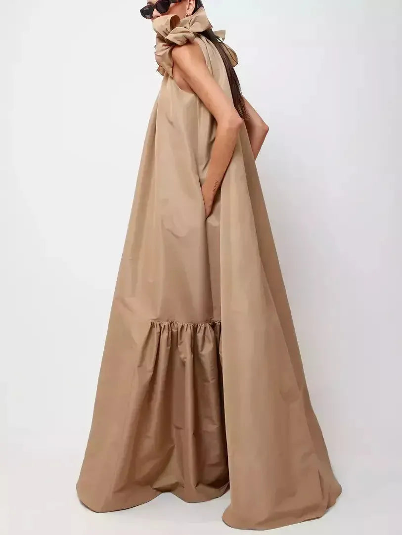 Long Taffeta Maxi Dress with Bows