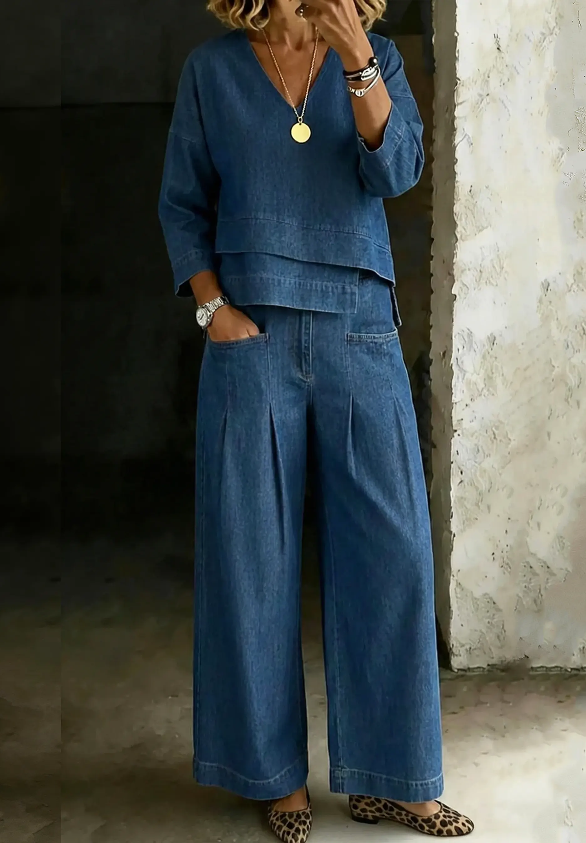 Women's Stylish Design Casual Denim Cotton Top And Pants Two-piece Set