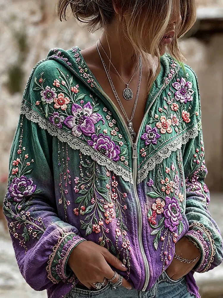 Women's Vintage Boho Floral Gradient Art Zip Hoodie Cardigan