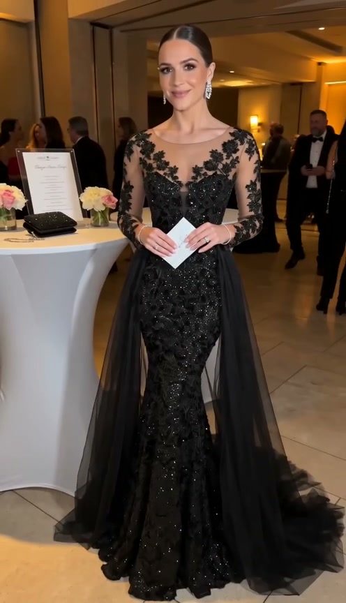 black-lace-mermaid-gown-illusion-sleeve-tulle-train-evening-dress