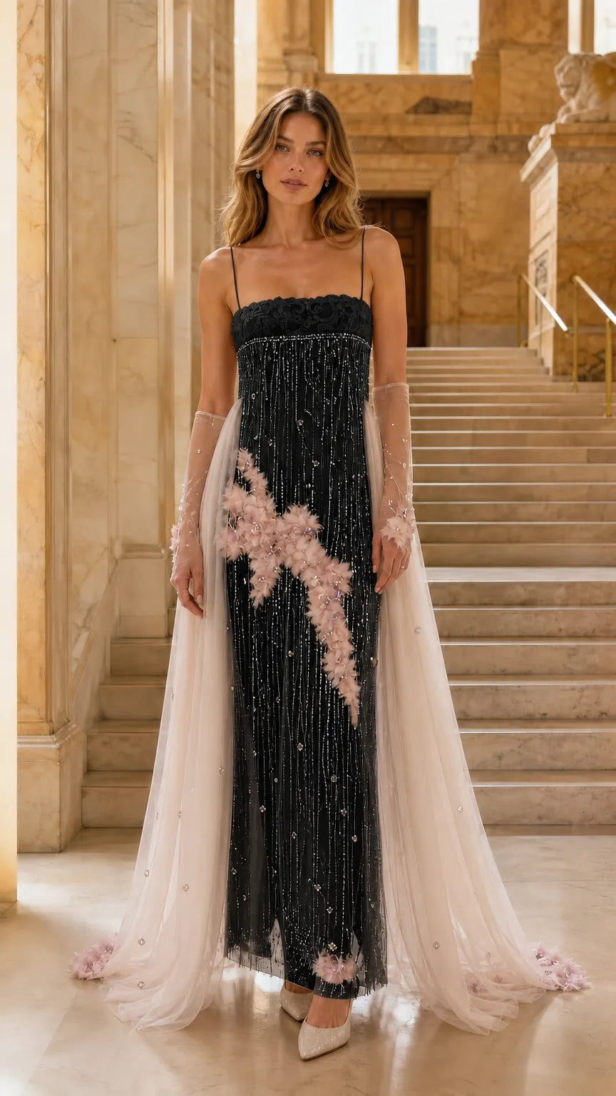 Embellished Tulle Evening Gown with Floral Appliqué