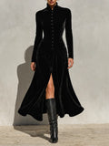 Black Velvet Stand Collar Button-Down Front Slit Maxi Dress