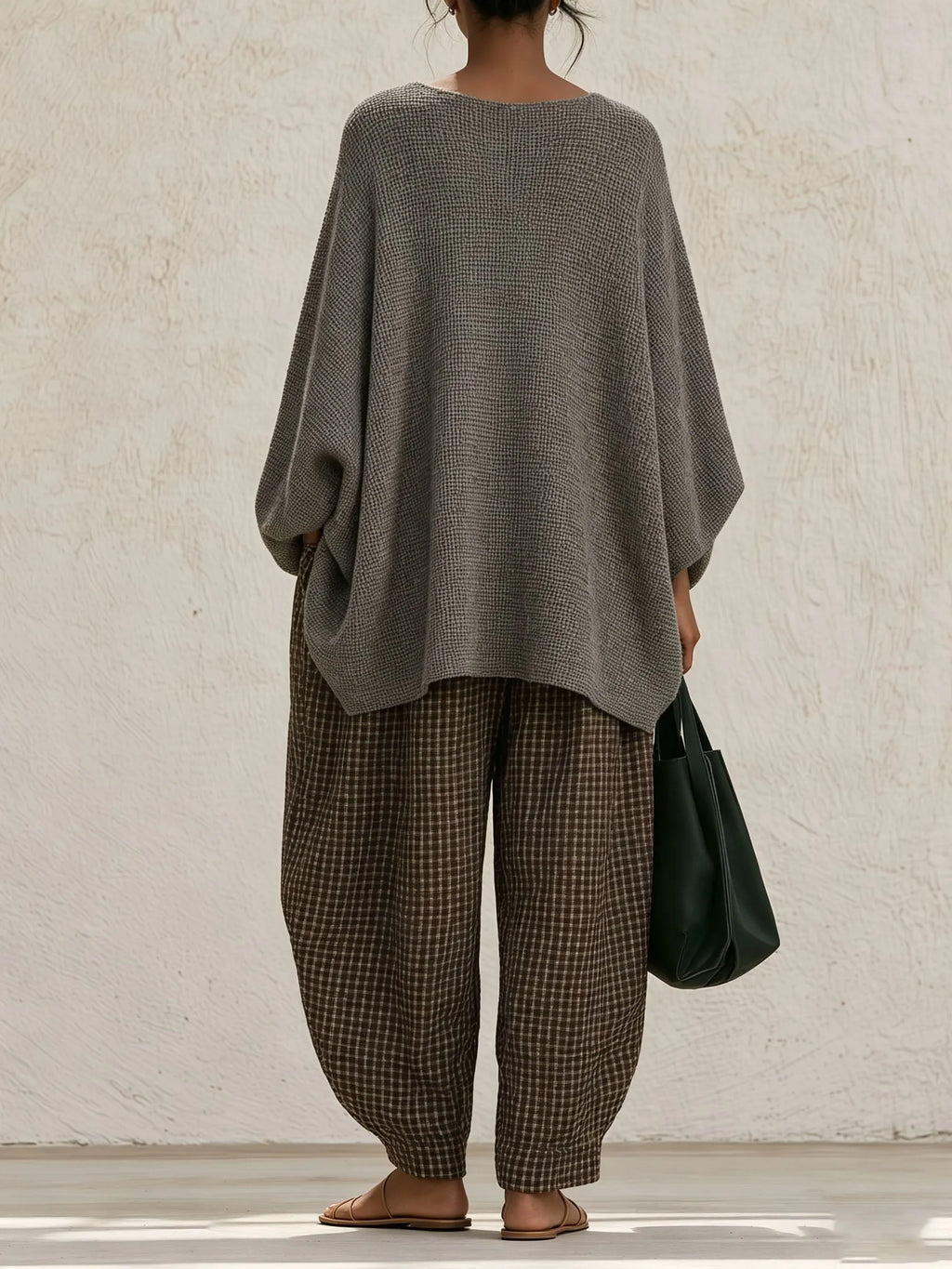 Waffle Textured V‐Neck Top & Plaid Harem Pants Two‐Piece Set