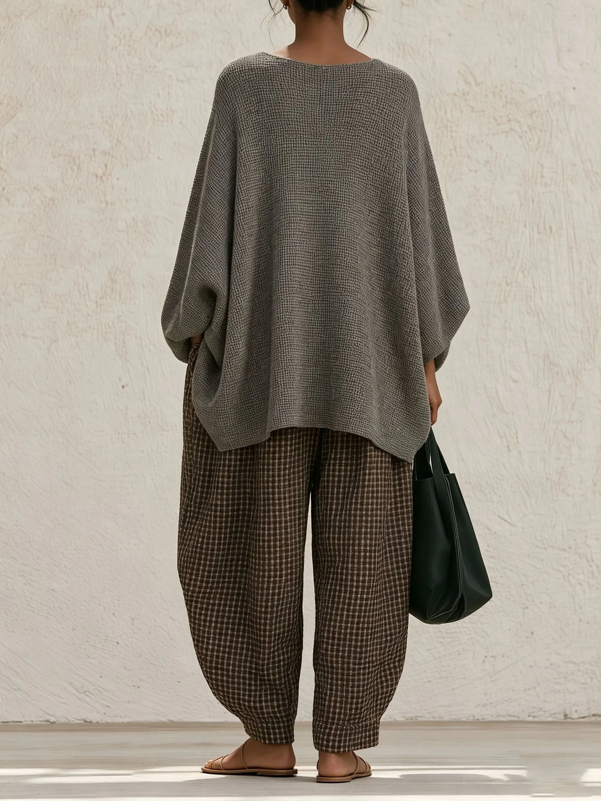 Waffle Textured V‐Neck Top & Plaid Harem Pants Two‐Piece Set