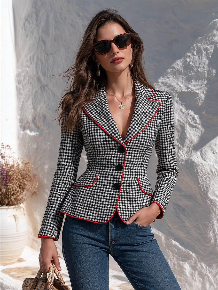 Women's Black And White Classic Houndstooth Pattern Red Piping Notched Lapel Slim Cropped Blazer