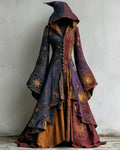 Halloween Star And Moon Embroidery Patchwork Hooded Witch Evening Dress 02c2