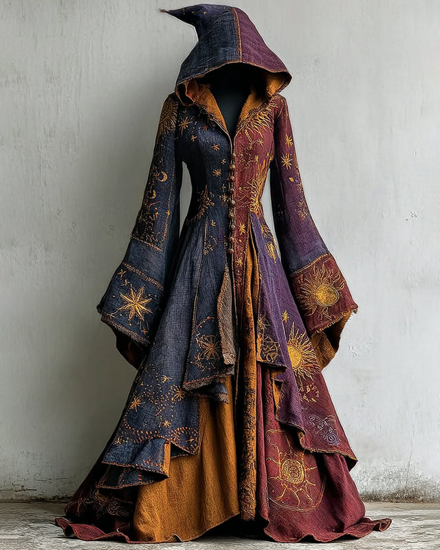 Halloween Star And Moon Embroidery Patchwork Hooded Witch Evening Dress 02c2