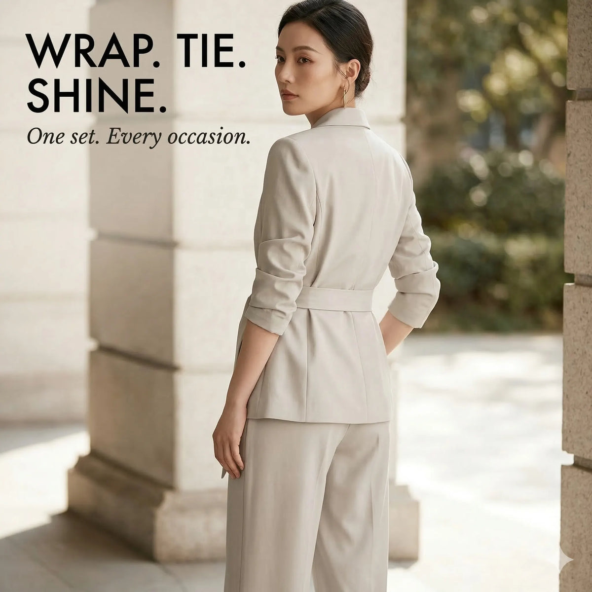 Tie-Waist Blazer & Wide-Leg Pants 2-Piece Suit Set + 50% OFF