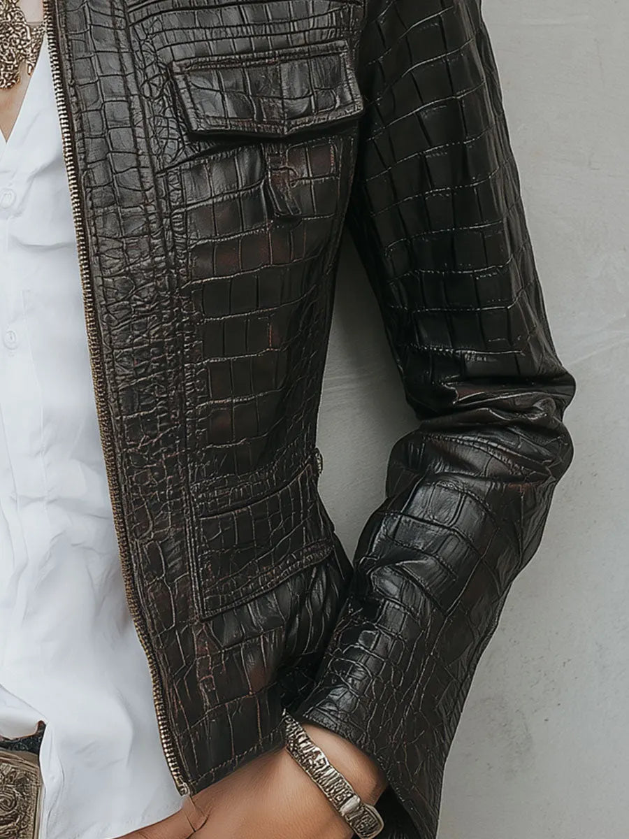 Classic Stand Collar Crocodile Leather Jacket