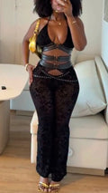 Black Lace Cutout Two‐Piece Pant Set