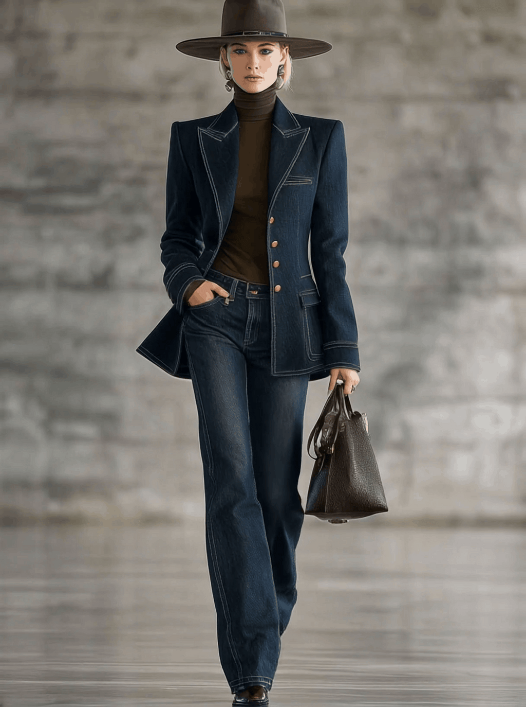 Fashion Retro Topstitched Navy Blue Denim Jacket