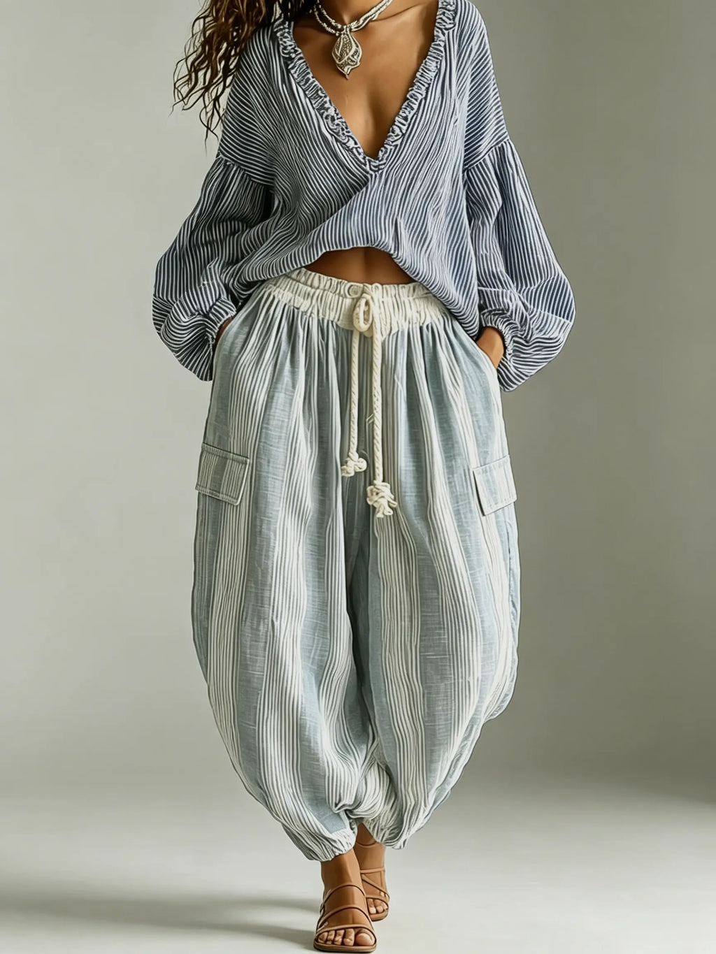Bohemian Striped Lantern-Sleeve Top and Lantern Pants Two-Piece Set