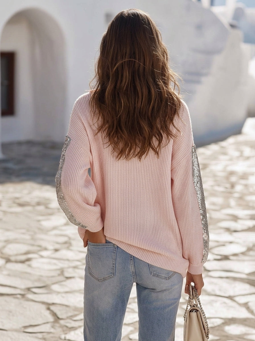 Vacation Boho Light Pink Sequin Panel Ribbed Knit Polo Sweater