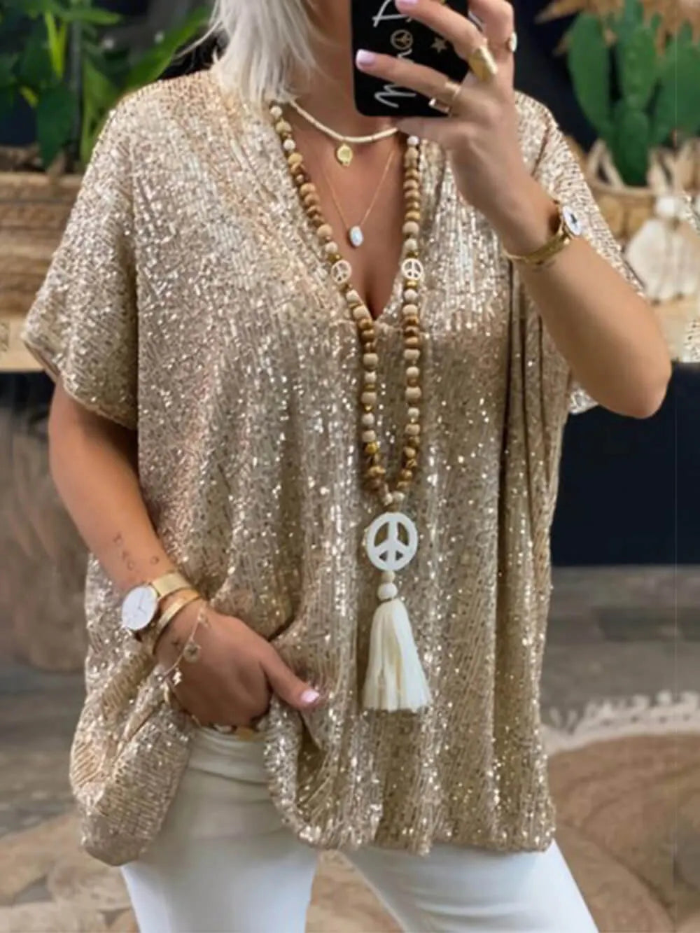 Bohemian Casual Loose Pullover Short Sleeve Sequin V-Neck Top