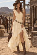 Cream Ruffle Ruched Midi Dress