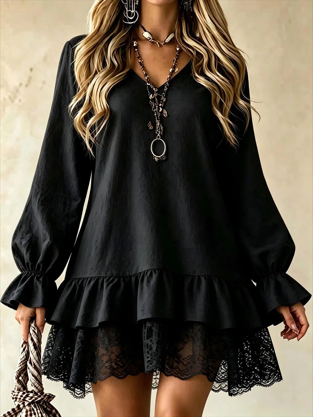 Long-Sleeve Dress with Lace Panels