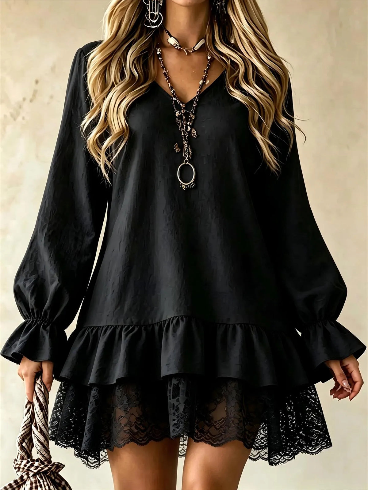 Long-Sleeve Dress with Lace Panels