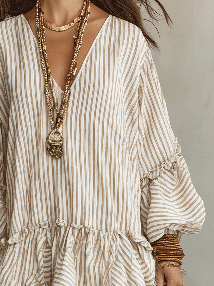 Beige V-neck Ruffled Puff Sleeve Loose Mini Dress