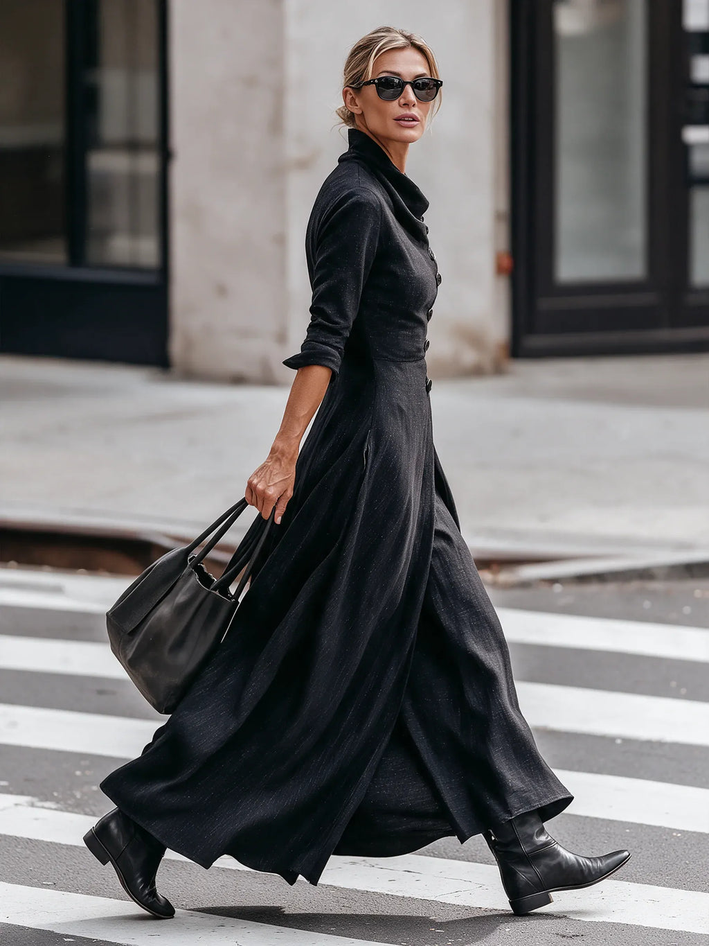 Elegant Black High Neck Button Front Maxi Dress with Pockets - Relaxed Long Sleeve A-Line Dress