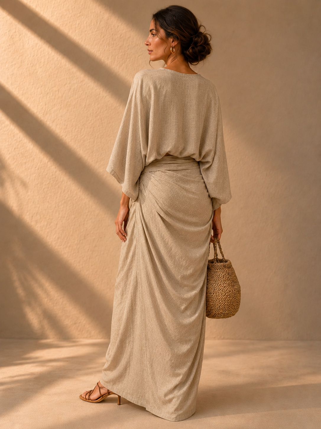 Linen Blend Batwing Top & Wrap Maxi Skirt Two‐Piece Set