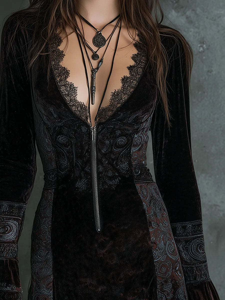 Bohemian Delicate Lace Velvet Mini Dress
