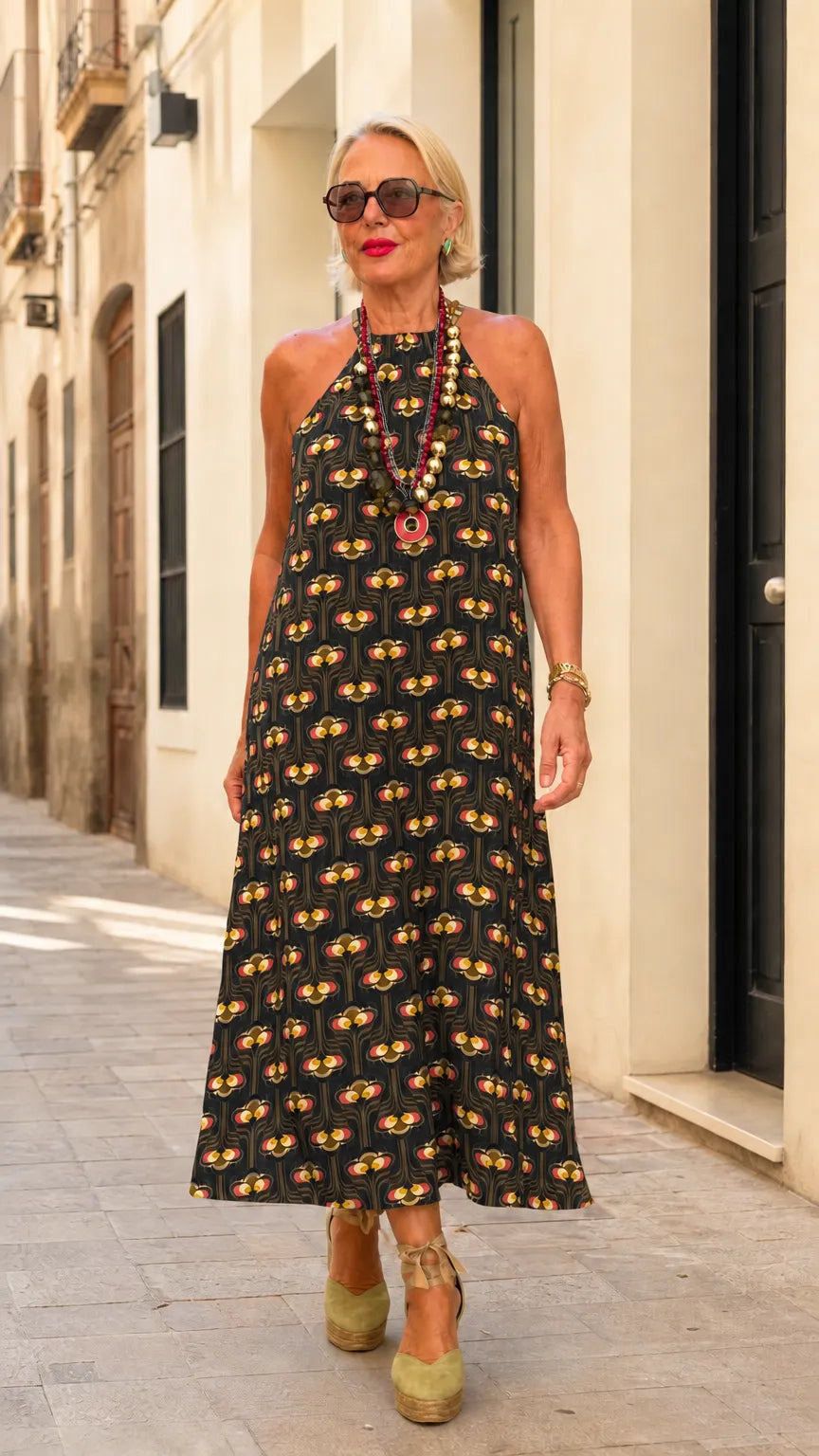 Women's Retro Print Halter Maxi Dress Sleeveless Flowy Resort Sundress