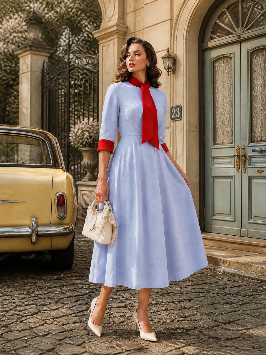 1950s Vintage Sky-Blue Contrast Red Tie-Neck Fit-and-Flare Midi Dress