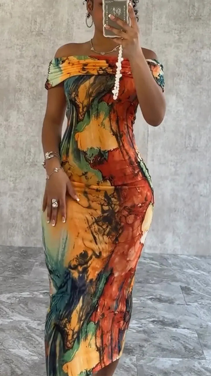 Ladies' One Word Collar Printed Slimming Style Dress