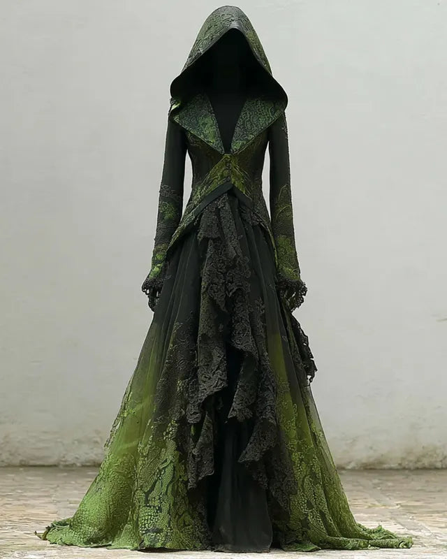 Halloween Gradient Snake Print Lace Paneled Ruffle Hooded Evening Dress 16a1