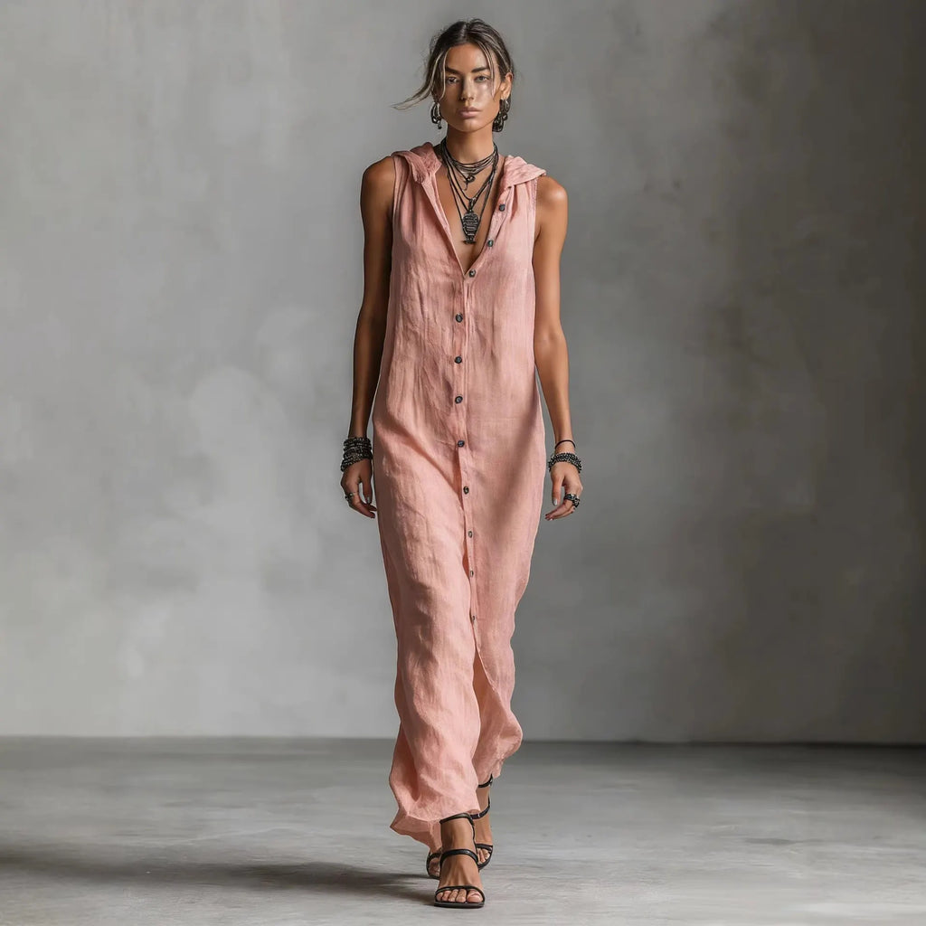Sleeveless Maxi Dress With Hooded Collar And Front Button Closure